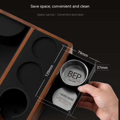 Brevin — Station de tassage en noyer pour espresso avec ports doublés de silicone
