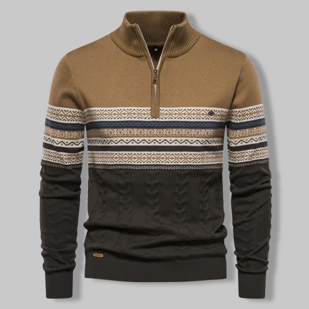 Liron — Pull homme bicolore en maille torsadée avec demi-fermeture éclair