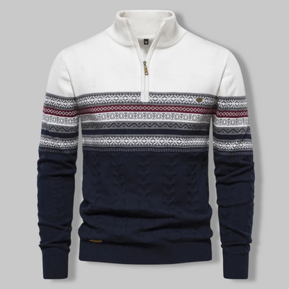 Liron — Pull homme bicolore en maille torsadée avec demi-fermeture éclair