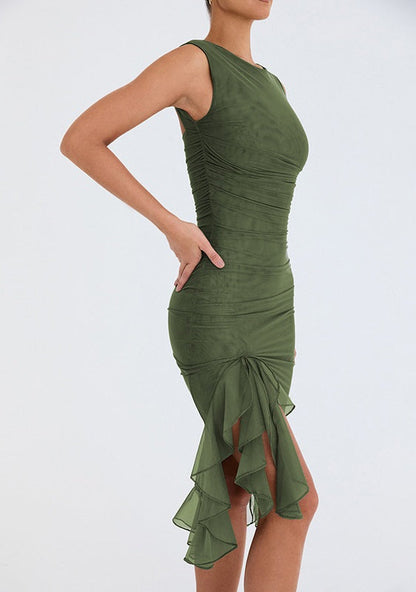 Liora — Women's Crew Neck Sheath Dress with Flounced Ribbon Accent