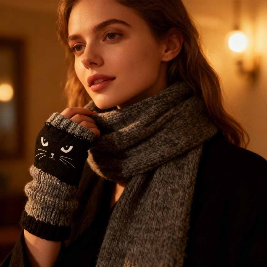 Myra CozyCat Fingerless Gloves — Warme Strickhandschuhe mit Katzenstickerei