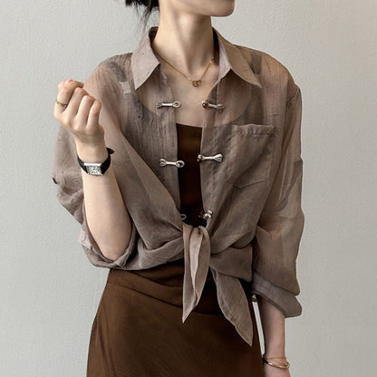 Noriya — Lightweight Artisan Chiffon Loop-Front Top with Frog-Knot Detail