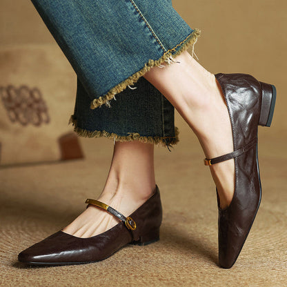 Arrivo — Genuine Leather Mary Jane Pumps with Metal-Bit Accent