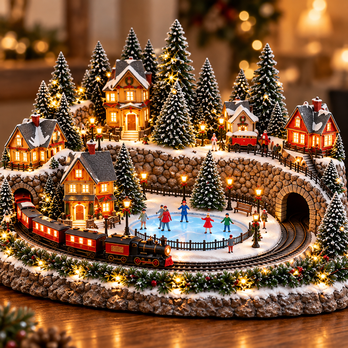 Noelby™ animeret julekøre-scene med tog og skøjtebane