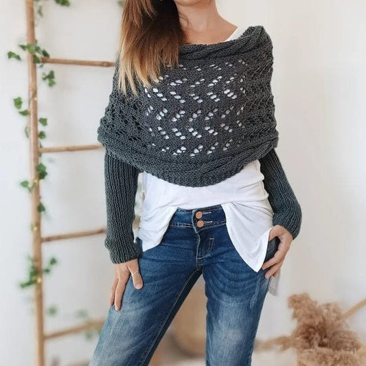 Glizm Dark Grey Knitted Cut-Out Shawl Poncho Wrap
