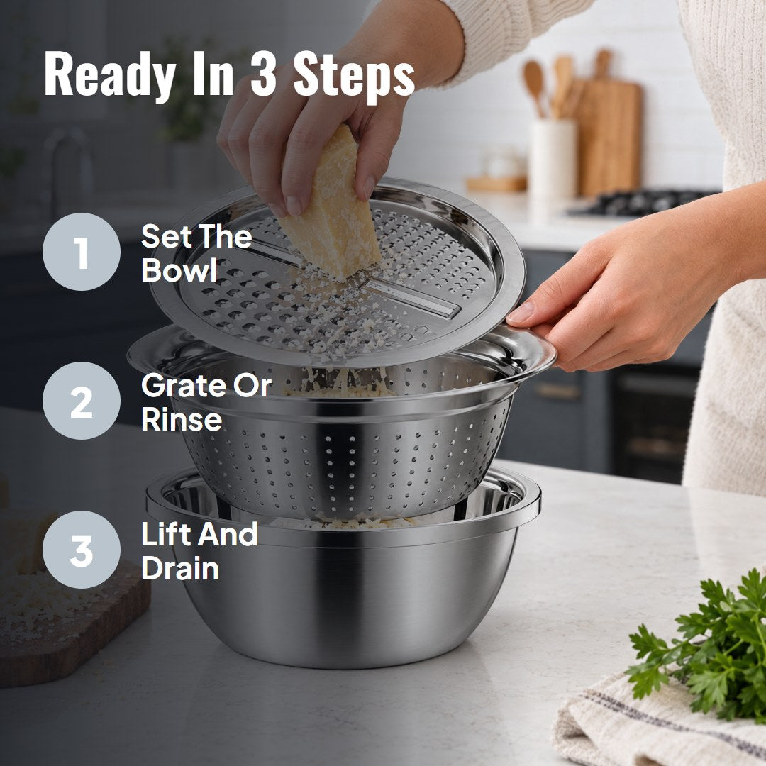 Gratio™ 3-in-1 Stainless Steel Grater Bowl