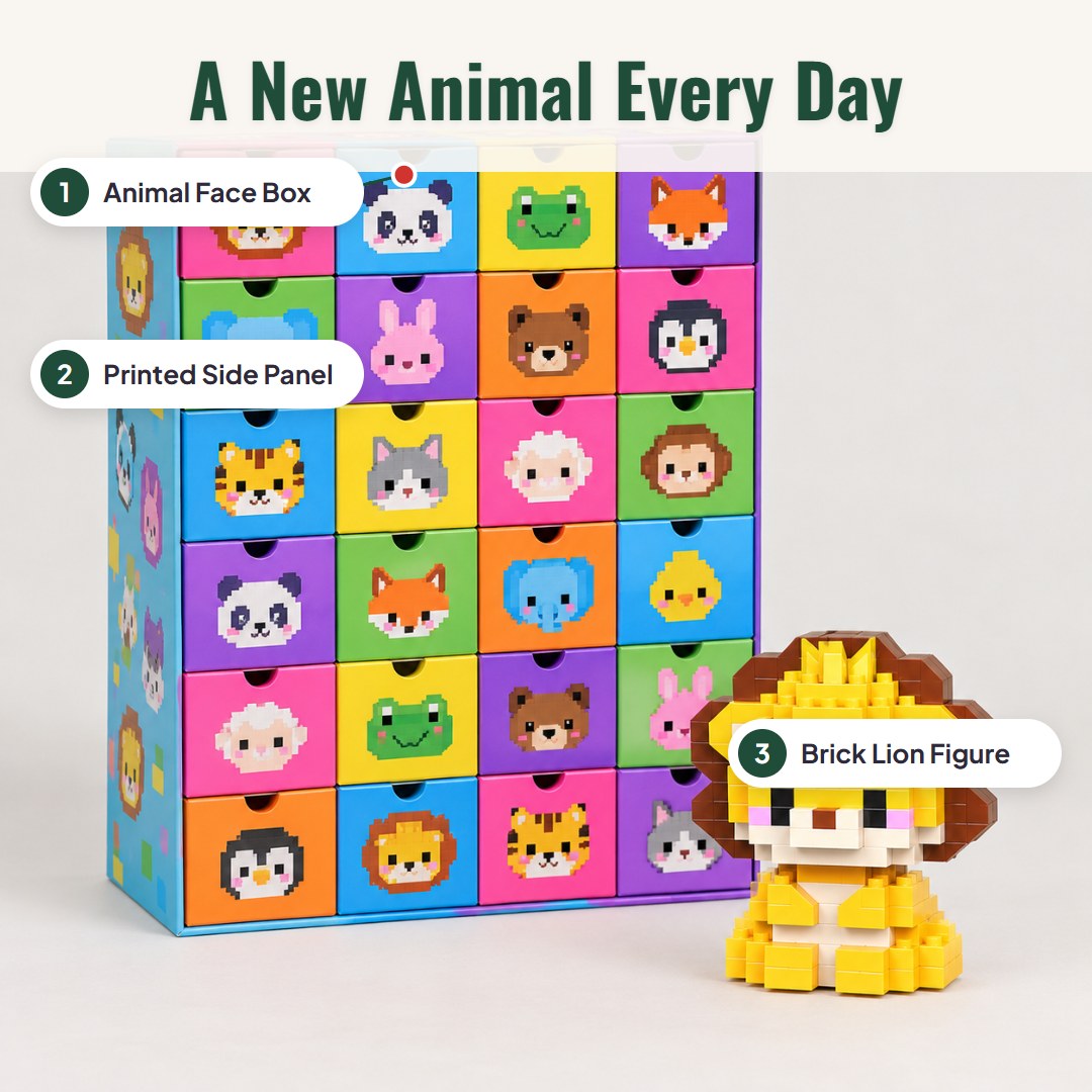 Brixly™ adventskalender med byggeklodser formet som dyr