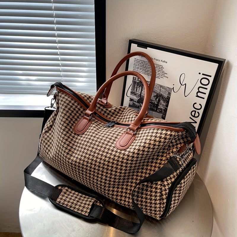 Cortelle Weekender Tasche — Hahnentritt-Canvas-Reisetasche mit veganem Lederbesatz