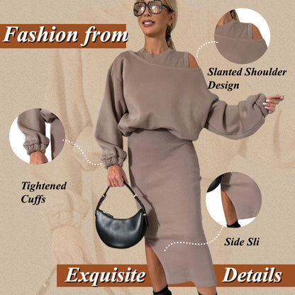 Slanted Shoulder Sweatshirt & Sleeveless Dress Set 30$ TODAY ONLY