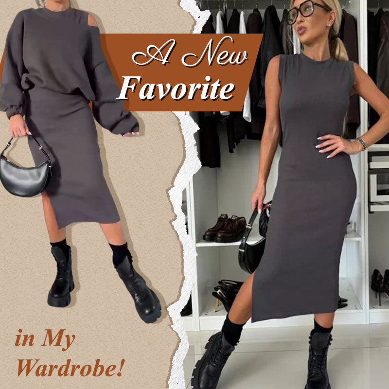 Slanted Shoulder Sweatshirt & Sleeveless Dress Set 30$ TODAY ONLY