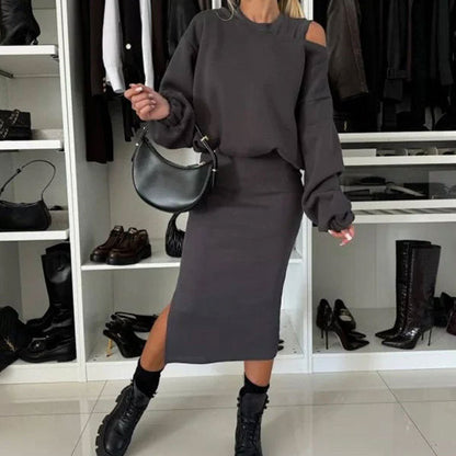 Slanted Shoulder Sweatshirt & Sleeveless Dress Set 30$ TODAY ONLY