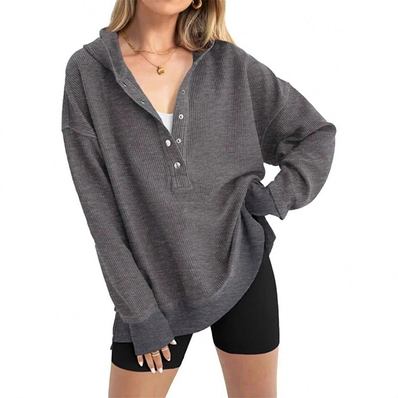 Norelixa — Women's Long Sleeve V-Neck Button Hoodie with Relaxed Fit