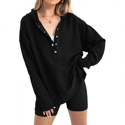 Norelixa — Women's Long Sleeve V-Neck Button Hoodie with Relaxed Fit