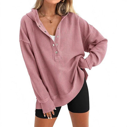 Norelixa — Women's Long Sleeve V-Neck Button Hoodie with Relaxed Fit