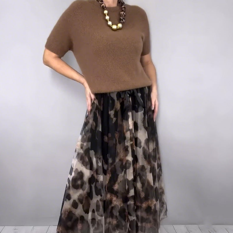 🔥Neuankömmlinge Angebot-Azuron Damen Zweiteiler Pullover & Leoparden Fließender Rock Set